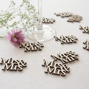 Mrs & Mrs lesbian wedding table confetti. 40x rustic wooden scatter cut out text decorations. Gay wedding Civil Partnership LGBTQ L73 image 1