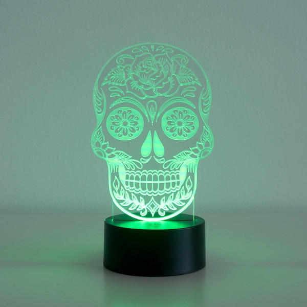 Sugar skull LED lamp. Multi colour acrylic light up sign. Day of the dead skull D26
