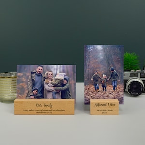Personalised gift for Father's Day. Custom engraved wooden family photo display stand holder. Photograph photo block gift for mum. L388