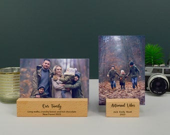 Custom engraved wooden family photo display stand holder. Personalised family portrait photograph photo block. L388