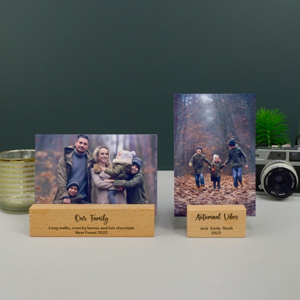 Custom engraved wooden family photo display stand holder. Personalised family portrait photograph photo block. L388