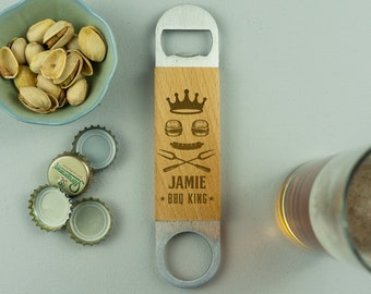 Personalised BBQ King/ Queen beer bottle opener. Custom engraved wood handle opener. Bar accessory barware Home Barbeque gift L285-OP