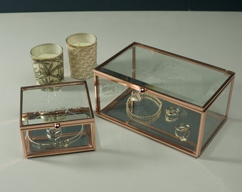 Personalised glass panel jewellery box. Valentines gift. Engraved monogram design glass trinket keepsake box with rose frame. L7