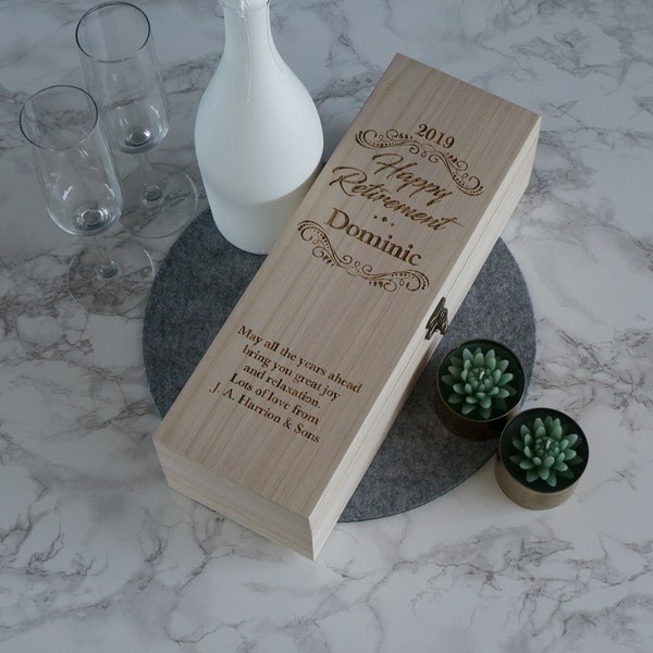 Retirement present. Personalise wooden wine box. Leaving gift champagne whiskey presentation box. Custom wine bottle box  L130