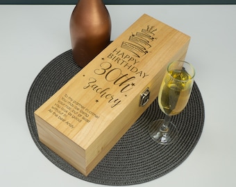 Personalised 30th birthday gift wooden wine box. Custom engraved gifting box for champagne Prosecco spirits. keepsake bottle chest  L450V-30