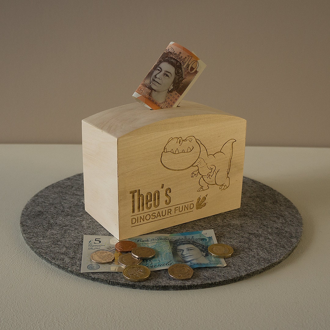 Personalised Children Money Box. Boy's Dinosaur Savings Funds Piggy Bank. Engraved Wooden Cash