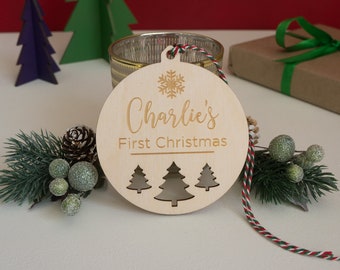 Personalised new born baby Christmas tree decoration. Engraved wooden tree bauble child's first Christmas L371