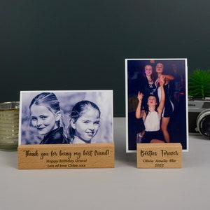 Best friend photo gift. Personalised wooden photo block. Custom engraved desktop freestanding photograph display stand holder. Besties L397