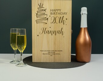 Personalised 20th Birthday Gift twin wooden wine bottle box. Engraved gifting box for champagne Prosecco spirits keepsake milestone momento