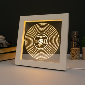 May include: A white framed illuminated record-shaped sign with the text "What went down Fools" and "Happy Birthday George" and "Best guy ever! I'm so glad I shared it with you." The sign also includes a record player symbol and the number 21.