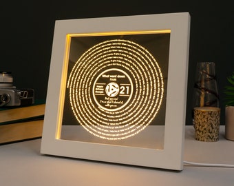 Personalised 21st Birthday Gift. LED artwork retro vinyl record with favourite song lyrics. Light up illuminated sign. Milestone present