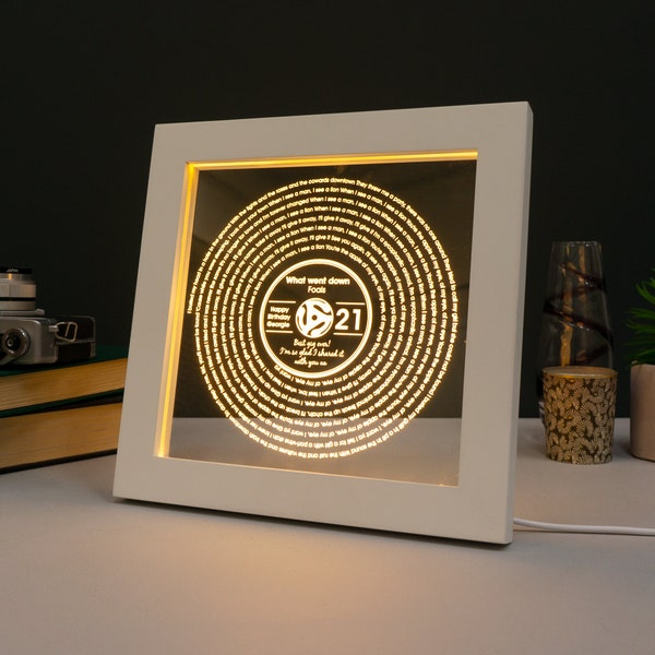 Personalised 21st birthday present. Custom favourite song lyrics record LED sign artwork. Unique music lover festival concert gift L35-21