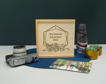 Personalised Photo Storage Box | Engraved Pine Memory Box | Sliding Lid Photograph Chest USB Wedding Photo Packaging | Floral Keepsake Album