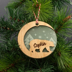 Christmas polar bear tree decoration. Personalised wood and acrylic hanging Xmas tree bauble ornament L462PB