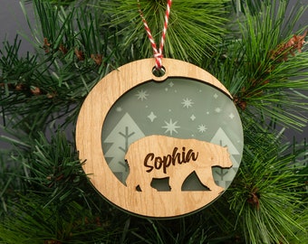 Custom made polar bear Christmas tree decoartion. Wood and acrylic personalised Xmas tree ornament L462PB