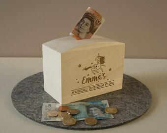 Unicorn money box. Child personalize piggy bank. Children bedroom decor. Savings jar. Engraved wooden cash box L317