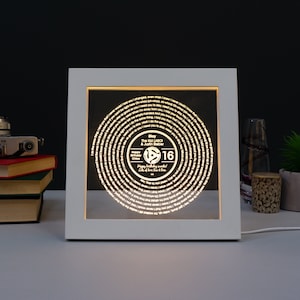 Personalised 16th Birthday Gift. LED artwork retro vinyl record with favourite song lyrics. Light up illuminated sign. Milestone present