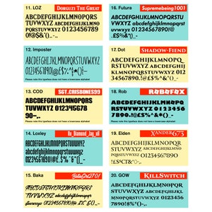 May include: A collection of 20 different font styles, each with a unique name and design. The fonts are displayed in a grid format, with each font name and a sample of the alphabet in uppercase letters. The fonts are all in a bold, black font.