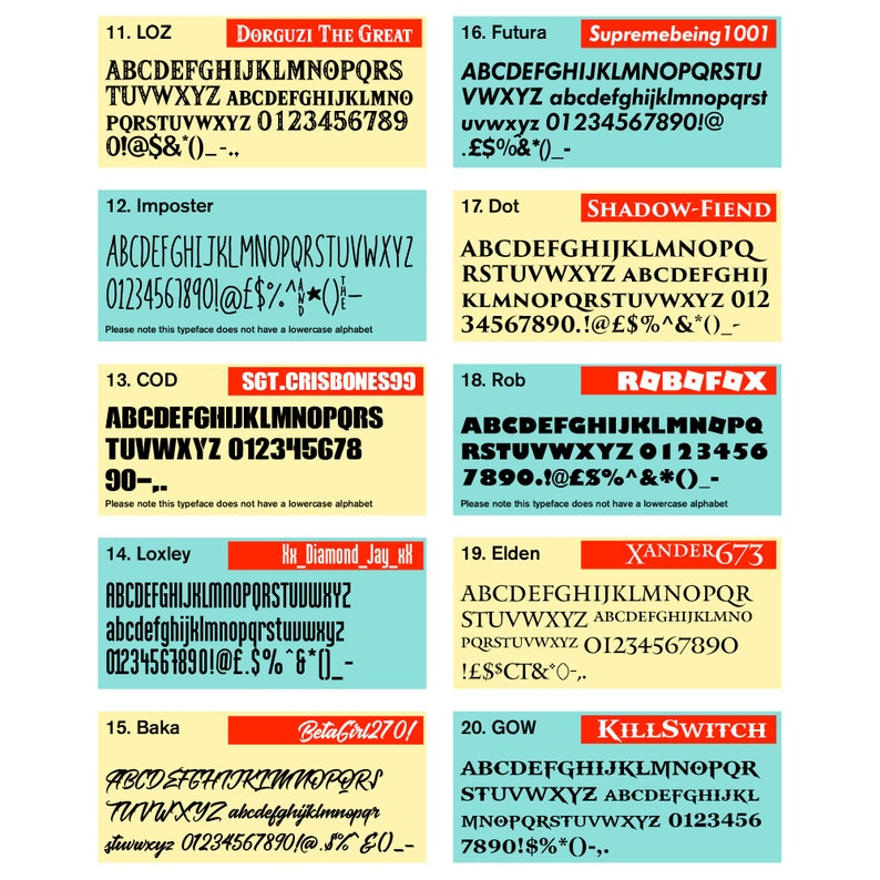 May include: A collection of 20 different font styles, each with a unique name and design. The fonts are displayed in a grid format, with each font name and a sample of the alphabet in uppercase letters. The fonts are all in a bold, black font.