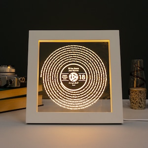 May include: A white framed illuminated record-shaped sign with a song lyric design. The centre of the record features a black and white vinyl record graphic with the text "I'll be there Jess Glynne", "Happy Birthday Jock", "Love you Jack!" and the number "18".