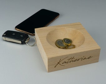 Wooden coin tray. Solid oak catch all landing hallway ring tray. Personalised bedside valet, loose change L108