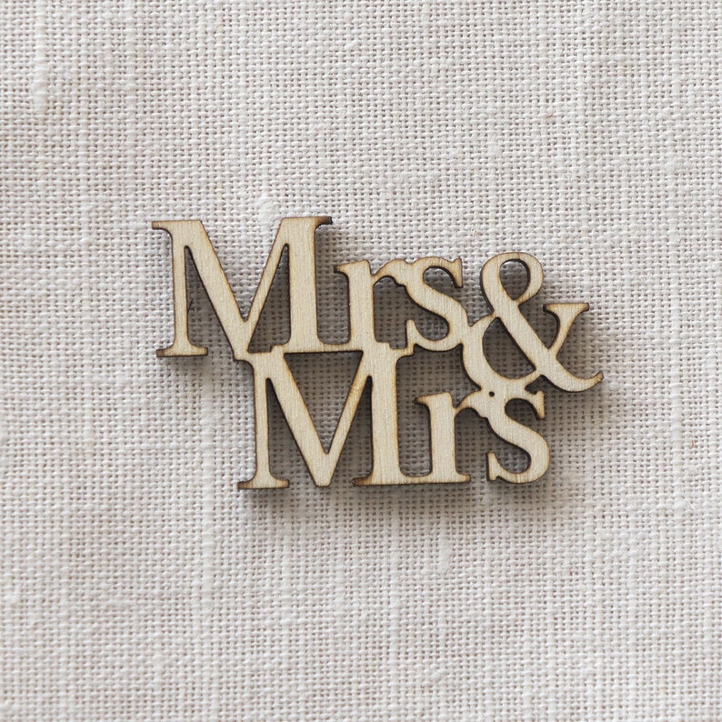 Mrs & Mrs lesbian wedding table confetti. 40x rustic wooden scatter cut out text decorations. Gay wedding Civil Partnership LGBTQ L73 image 2