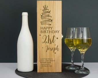Personalised 21st Birthday Gift wooden wine bottle box. Custom engraved gifting box for champagne Prosecco spirits keepsake drinking gift