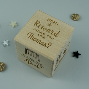 Personalised child's rewards dice. Wooden decision maker dice custom engraved with various activities and treats L19Child