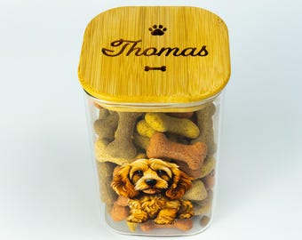 Personalised Doodle mix dog food jar | Glass canister for doggy treats | Ideal gift for new Cockapoo Cavapoo Goldendoodle Labradoodle owners