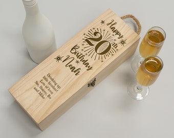 Personalised 20th Birthday Gift wooden wine bottle box Custom engraved gifting box for champagne Prosecco spirits keepsake milestone momento