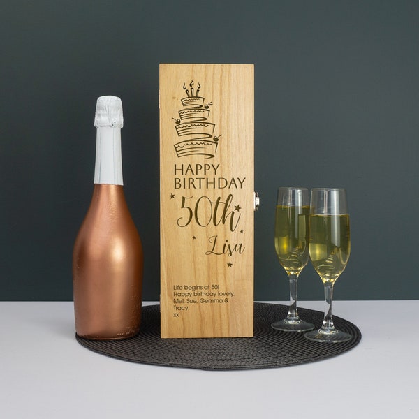 Boîte à vin en bois personnalisée pour 50e anniversaire. Boîte cadeau personnalisée gravée pour spiritueux champagne Prosecco. Coffre à bouteilles souvenir L450V-50