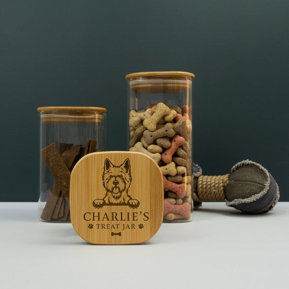 Personalised Dog Treats Jars. Custom Engraved Borosilicate Glass Container With Engraved Bamboo Lids With Doggy Artwork Name L449 Etsy