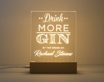 Personalised 'Drink more gin' light up LED bar sign. Custom engraved neon drinks trolley home pub bar sign. Gift for gin lovers D08