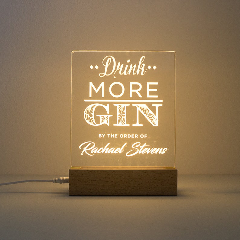Personalised 'Drink more gin' light up LED bar sign. Custom engraved neon drinks trolley home pub bar sign. Gift for gin lovers D08 image 1