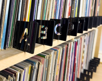 Alphabetical A to Z dividers. Acrylic plastic shelf ogranisers for LPs albums 12' record collection. Stencil cut letters L434