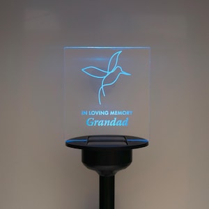 Solar power garden memorial plaque. Custom light up LED Dove name sign. Memory garden cemetery grave side decoartion