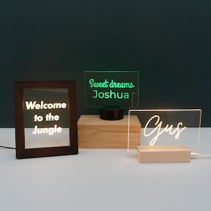 Personalised LED name sign. Custom engraved light up name plaque. Fathers day gift Night light lamp Custom quote text freestanding sign L135