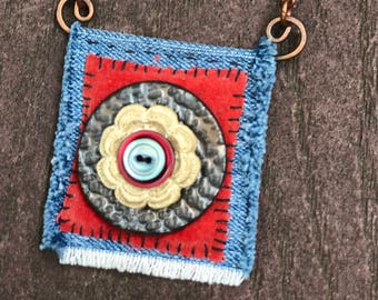 Boho Necklace with hand-sewn detail and handmade ceramic button