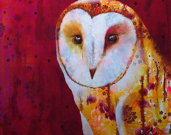 Barn owl original art print - unique owl portrait - modern owl artwork - living room wall art -  owl lovers gift - by Michelle Gilks