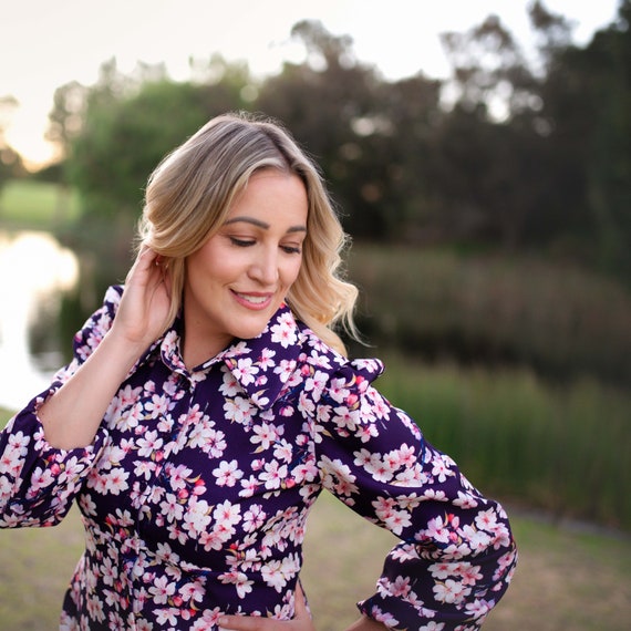Cherry Blossom Print Shirt Dress - Long Sleeve A-Line, Australian Made