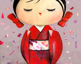 Kunstprint Kimiko Kokeshi-pop – Japanse kinderkamerdecoratie