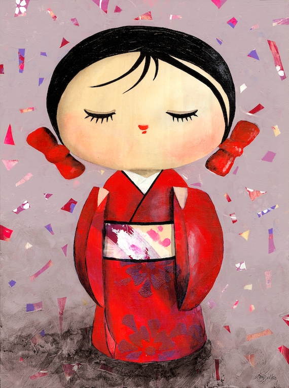 ま*み様 木製オリジナルこけしとオリジナル絵画セット(by ShuzSaya/絵 Kokeshi Doll Fine Art Print - Kimiko- Japanese Kokeshi Doll