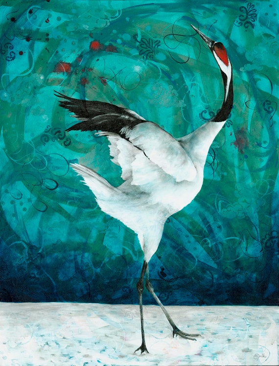 Japanese Dancing Crane Fine Art Print Crane Wall Art Etsy