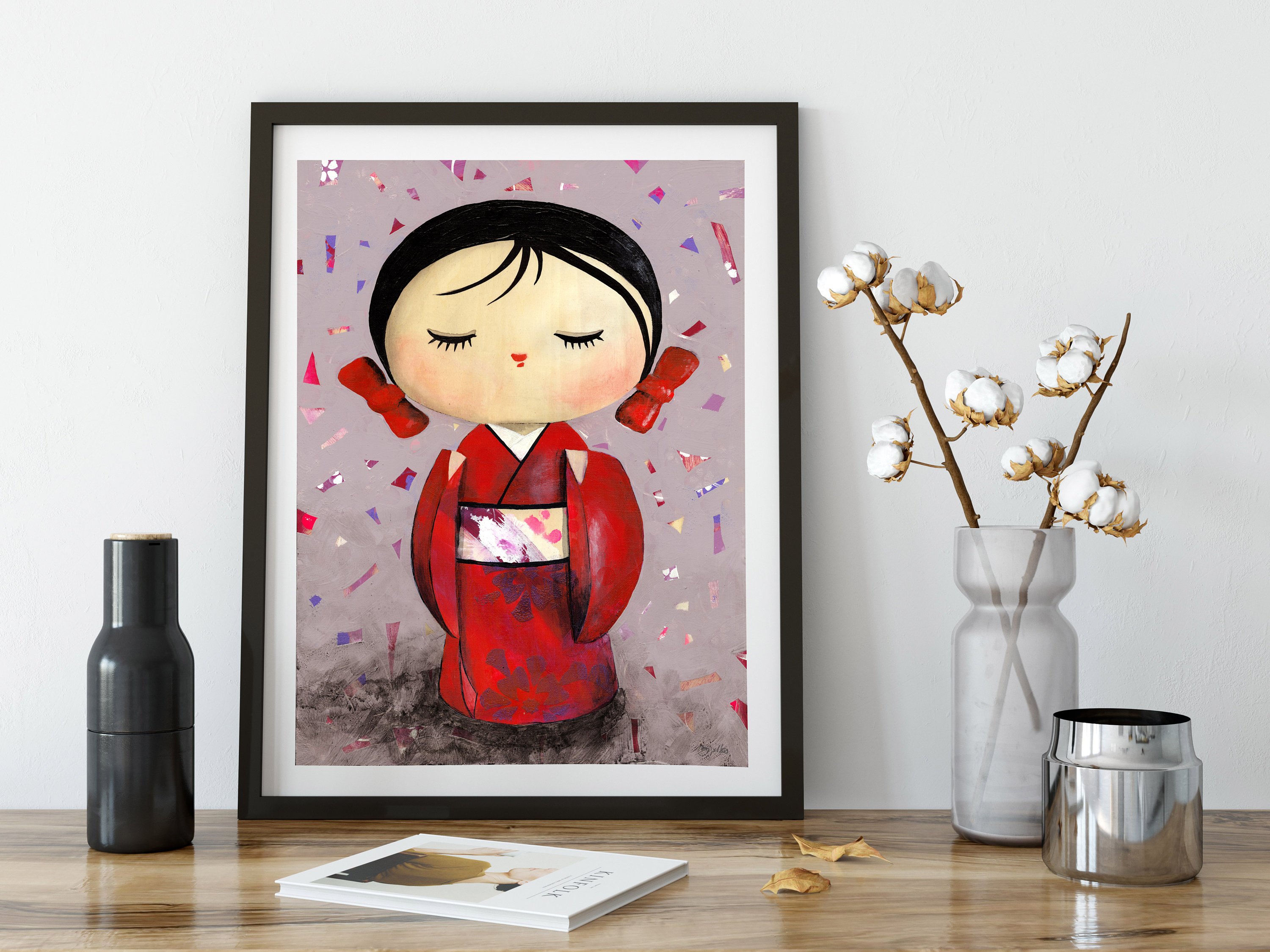 ま*み様 木製オリジナルこけしとオリジナル絵画セット（by ShuzSaya/絵 Kokeshi Doll Fine Art Print - Kimiko- Japanese Kokeshi Doll