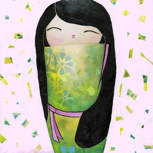 Kokeshi doll original acrylic painting - Green and pink kokeshi art - mini painting on wood - Japanese inspired art - art for girls room