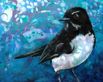 Gravura artística de Willie Wagtail – Arte de pássaro australiano por Michelle Gilks