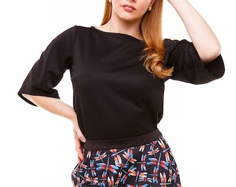 Black Ponte Top - Boat Neck, Kimono Sleeve