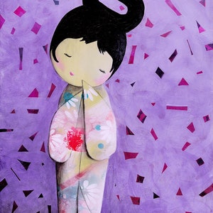 Shy kokeshi doll original acrylic painting on wood panel - Japanese inspired art - Japanese kokeshi art - doll painting for girls bedroom