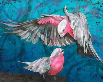 Being Galahs fine art print - pink and grey galah art - galah wall art - Australian bird- gift for bird lover