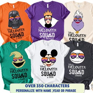 May include: A collection of six short-sleeve t-shirts in orange, purple, cream, green, white, and dark gray. Each shirt features a Disney character wearing sunglasses with a sunset castle print, the text Disney HALLOWEEN SQUAD, and custom details.